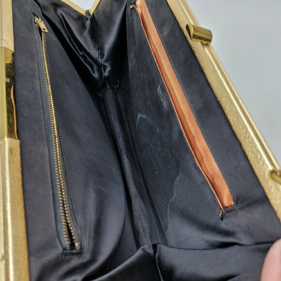 Vintage Metallic Gold Handbag Clutch Evening Bag Stiff Body Snap Closure Satin - Picture 12 of 12